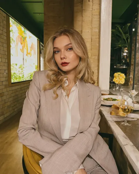 blonde woman sitting on a chair in a restaurant with a glass of wine, Anna Nikonova aka Newmilky, girl in suit, girl in suit, Style of Julia Razumova, Yelena Belova, Dasha Taran, by Emma Andijewska, Julia Gorokhova, A girl with blonde hair, inspired by Flo...