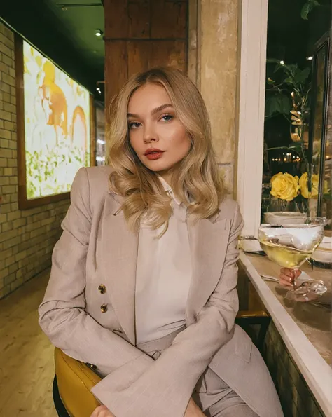 blonde woman sitting on a chair in a restaurant with a glass of wine, Anna Nikonova aka Newmilky, girl in suit, girl in suit, Style of Julia Razumova, Yelena Belova, Dasha Taran, by Emma Andijewska, Julia Gorokhova, A girl with blonde hair, inspired by Flo...