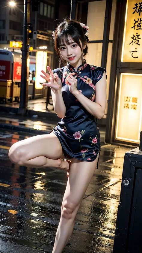 (8K、RAW Photos、Highest quality、masterpiece:1.2)、(Realistic、Realistic)、1 Girl、((Long cheongsam:1.2、Thin legs、whole body、View from the front、smile、Looking into the camera、Make a high kick))、cute、((The background is slums))、Accurate Fingers