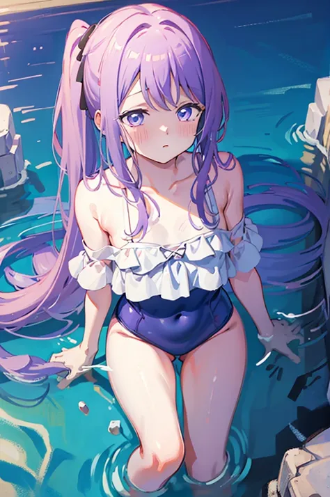 Small breasts、Random Swimsuit、Light purple hair、Semi-long hair、Pale purple eyes、Wet、、Looks like she&#39;s about to cum、Glamorous expression、Blushing、Random Swimsuit、Patterned swimsuit、Undressing、、Ocean、Sandy Beach、M-shaped legs、Random pose,、Light purple ha...