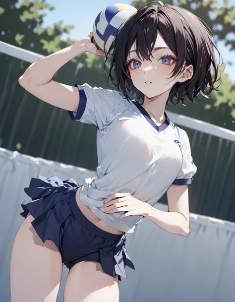 An image of a high school girl volleyball player in summer uniform, with short boyish hair and flashy makeup.