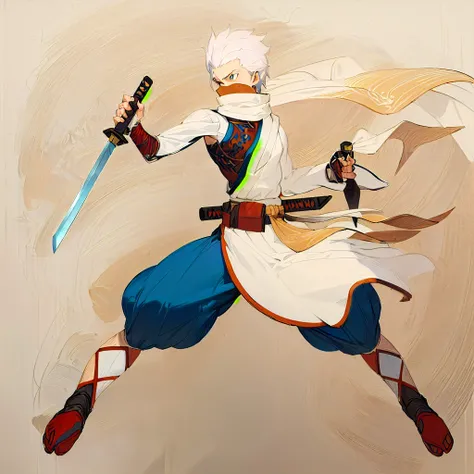 anime character with sword and scarf in a fighting pose, angry character wielding a sword, dramatic wielding sword pose, with large sword, anime style character, anime in fantasy style, clean lineart and color, concept art of a monk, warrior character desi...