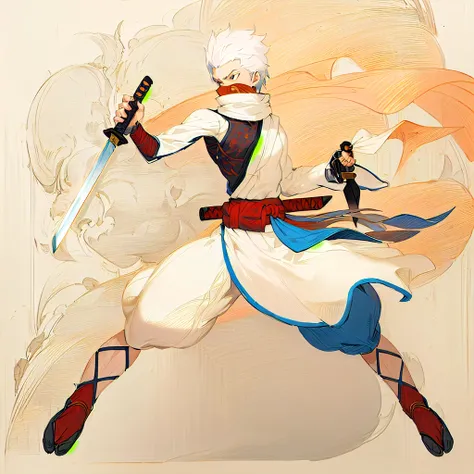 anime character with sword and scarf in a fighting pose, angry character wielding a sword, dramatic wielding sword pose, with large sword, anime style character, anime in fantasy style, clean lineart and color, concept art of a monk, warrior character desi...