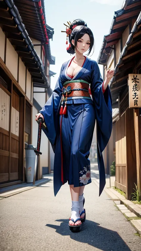 Black hair geisha hairstyle adult women，Blue Kimono，cleavage，White socks，Straw sandals，Japanese samurai sword，Japanese shogunate era streets