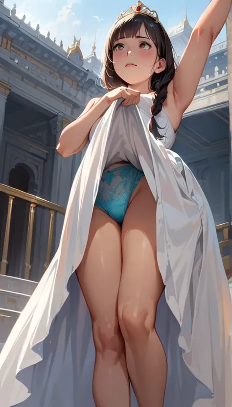 (masterpiece), Princess,Princess,Small breasts,Light blue lace underwear, Natural light, Realistic, Diffuse Light, Looking up from below,vapor, (Lift up your skirt), (urination), Braid,Race Stock Vang,Luxury Long Dress,Embarrassed red face,tiara.royal pala...