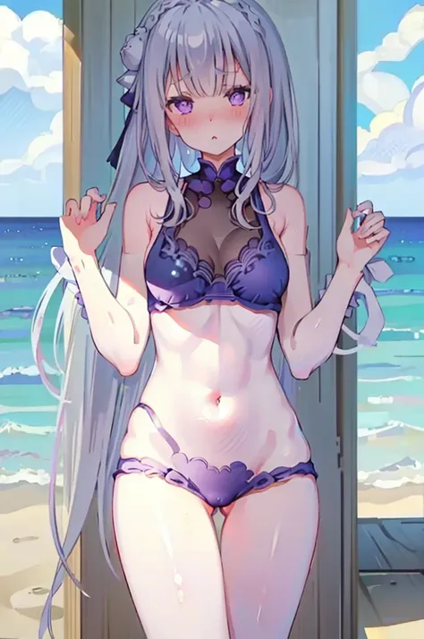 Random pose、Random swimsuit appearance、Sexy swimsuit、NFSW、Random pose、Polka dot bikini、Polka dot bikini、Light silver hair、Semi-long hair、Random pose、Ocean、Sandy Beach、Blushing、Embarrassed expression、、Pale purple eyes、、Blushing、lipstick、Perfect hands、Detail...