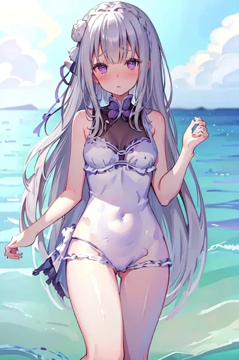 Random pose、Random swimsuit appearance、Sexy swimsuit、NFSW、Random pose、Polka dot bikini、Polka dot bikini、Light silver hair、Semi-long hair、Random pose、Ocean、Sandy Beach、Blushing、Embarrassed expression、、Pale purple eyes、、Blushing、lipstick、Perfect hands、Detail...