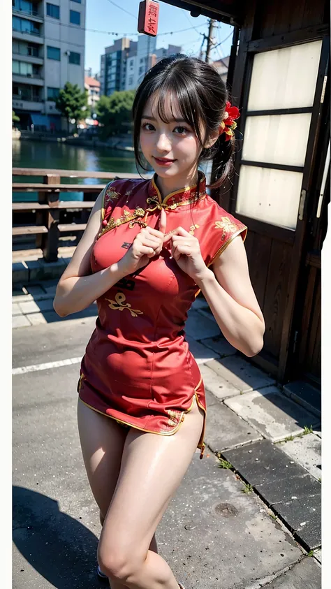 (8K、RAW Photos、Highest quality、masterpiece:1.2)、(Realistic、Realistic)、1 Girl、((Long cheongsam:1.2、Thin legs、whole body、View from the front、smile、Looking into the camera、Martial artist pose))、cute、((The background is slums))、Accurate Fingers