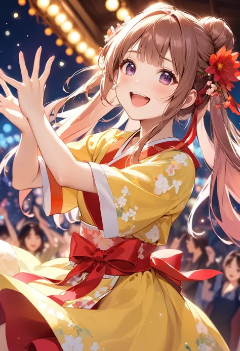 Highest quality、High resolution、Detailed Background、Teenage beauty、Detailed face、cuteカラーの髪色、Bun Hair、Perfect body line、(Bon Odori venueでdancing lively少女:1.5)、(Dancing with hands up high:1.5)、night、Festivals、Bon Odori venue、A big smile、cute柄の浴衣、dancing live...