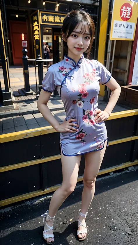 (8K、RAW Photos、Highest quality、masterpiece:1.2)、(Realistic、Realistic)、1 Girl、((Long cheongsam:1.2、Thin legs、whole body、View from the front、smile、Looking into the camera、Stand with hands on hips))、cute、((The background is slums))、Accurate Fingers