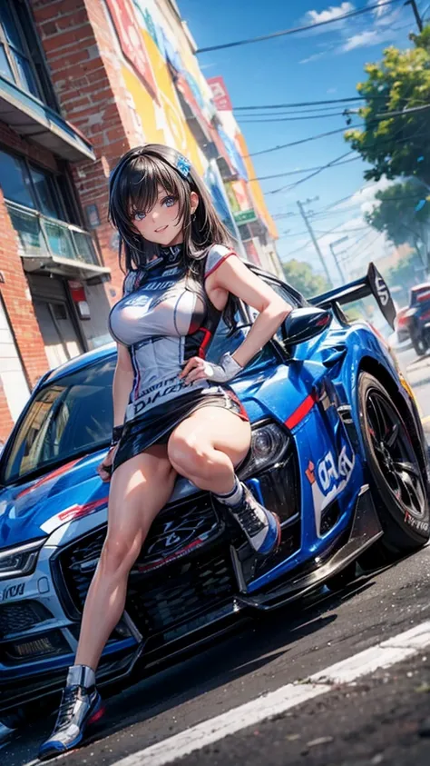 One Woman　Race Queen　Posing for the camera in front of a sports car　High leg　Low - Angle　Cute smile