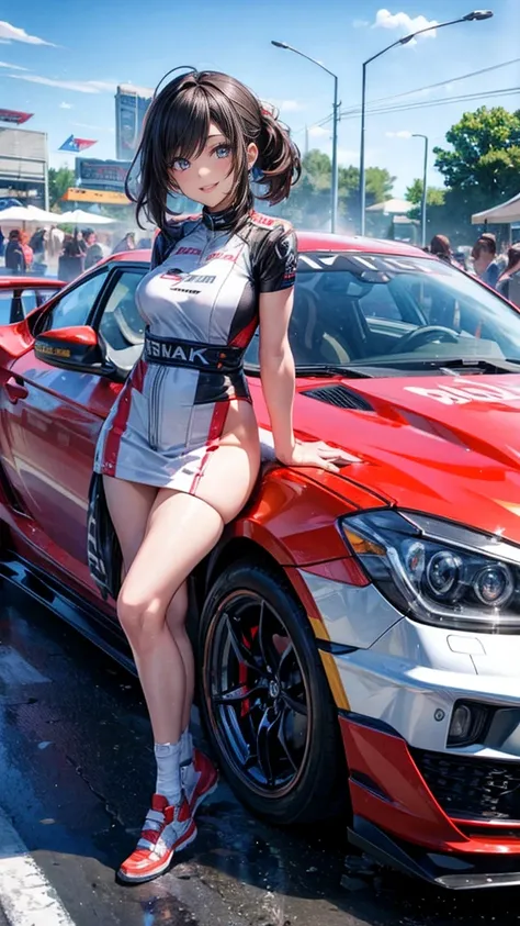 One Woman　Race Queen　Posing for the camera in front of a sports car　High leg　Low - Angle　Cute smile