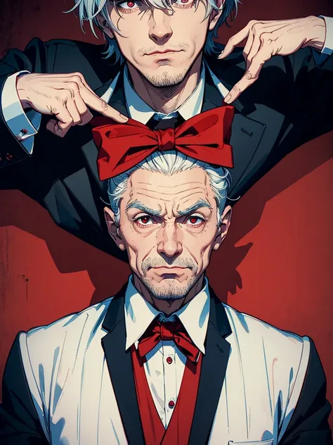 portrait of a close up of a man. his hands is up and fingers towards us as Uncle Sam, he is making hypnosis.He has Red eyes and white short hair, wearing white, his hands up and a bow tie. he is making hypnosise with his hand. Dracula style. comics anime s...