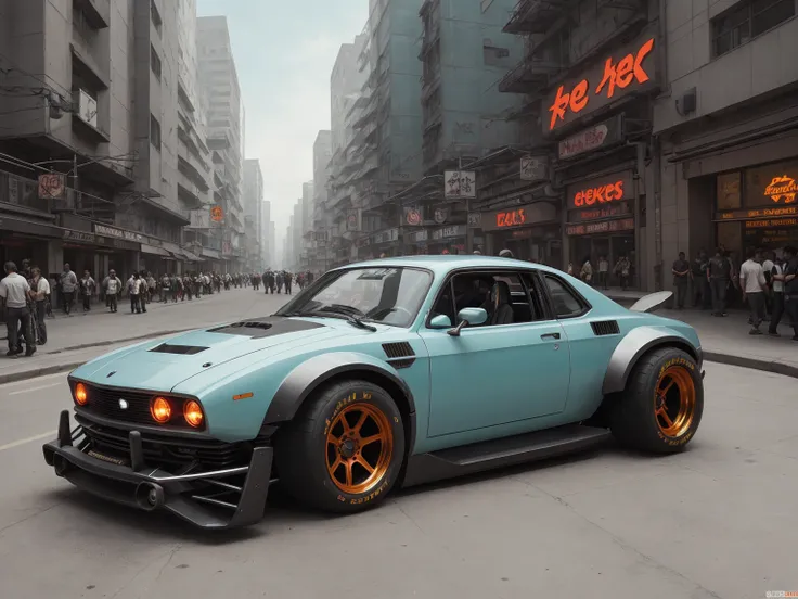 a 3/4 front view of ((futuristic cyberpunk hotrod zeekars)) (with glowing tires), at the street in a colorfull city, low, streamlined, sporty, metalic gray deep orange and pastel green, colors, backround, flat thin lights, wide tires, black rims