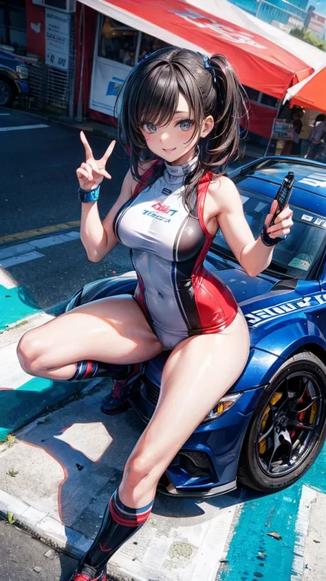 One Woman　Race Queen　Posing for the camera in front of a sports car　High leg　Low - Angle　Cute smile