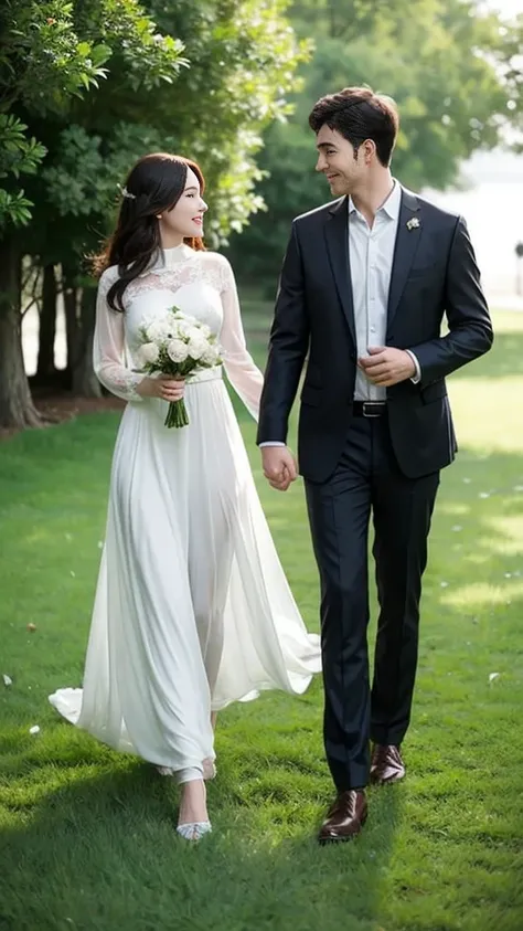 They walked hand in hand on the grass, husband and wife walking hand in hand, man and woman walking together, lovely husband and wife, romantic husband and wife, ruan jia and brom, Still in the movie, happy husband and wife, photo 1 5 mm, smiling husband a...