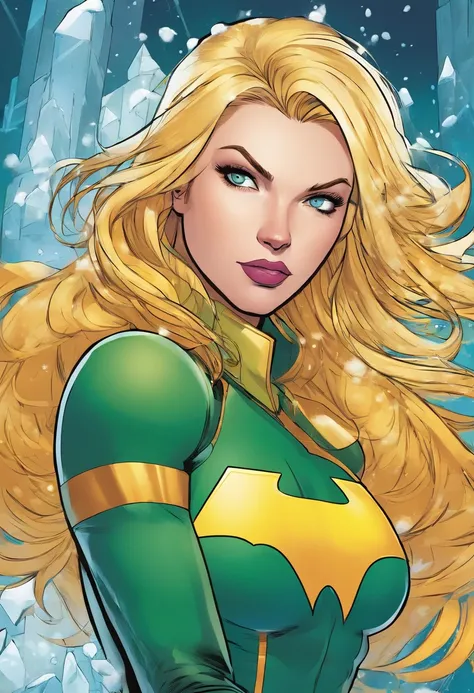 Superhero woman with fair skin, blondie hair, blue colored eyes. Green and yellow uniform.
powers:Control over ice and snow, ability to create ice storms.