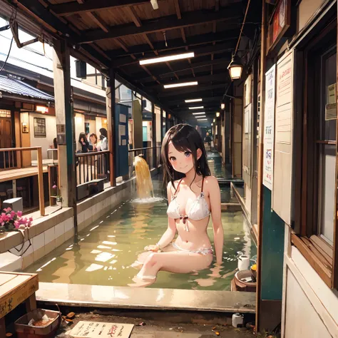 (masterpiece、Highest quality)、(Photorealistic photography)、1 picture、(Japans dimly lit underground mall)、Japan favelas、13 years old、Detailed and cute face、Poor conditions、((Underground hot spring facilities))、shaved ice、Sale of drinks、Unsanitary and dim、(s...