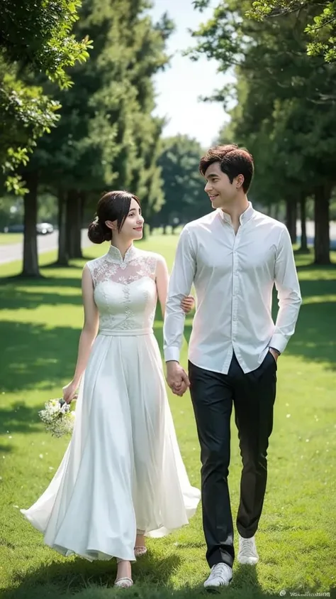 They walked hand in hand on the grass, husband and wife walking hand in hand, man and woman walking together, lovely husband and wife, romantic husband and wife, ruan jia and brom, Still in the movie, happy husband and wife, photo 1 5 mm, smiling husband a...