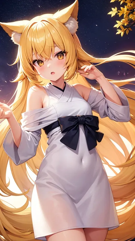 Girl with white kitsune ears and yellow hair 