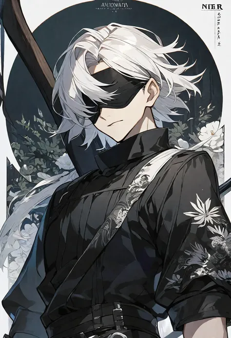 Solo, 1 male, white hair, black blindfold, black shirt, black coat, white scythe, nier automata