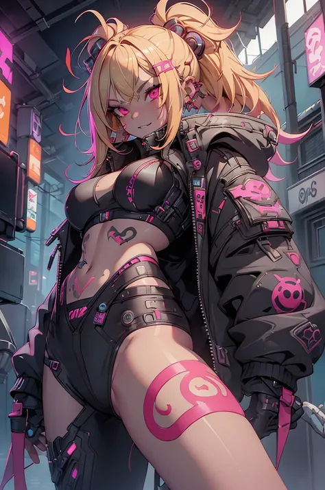 One girl, Rebecca (cyber punk),(( whole body:1.5)), alone, Blonde braids, glowing red eyes,Laugh fearlessly, Leg Tattoos, Neck Tattoo,  Large Breasts, Black bra, String, Red pupils, Black jacket、Cyberpunk background、Cyberpunk city:1.5))、Dynamic Angle、