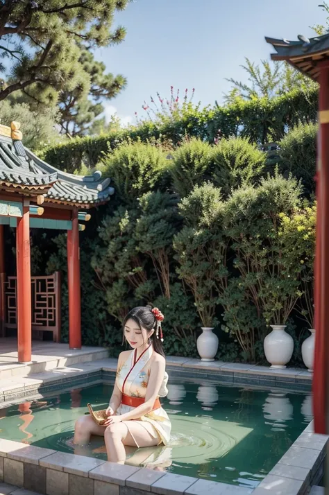 ```plaintext
"(((best quality))),(((ultra detailed))),(((masterpiece))),illustration,1girl,traditional Chinese dress,courtyard,surrounded by crowded crowds of old men,outdoor hot spring,delicate fabric,traditional hair style,innocent curiosity,vibrant red ...