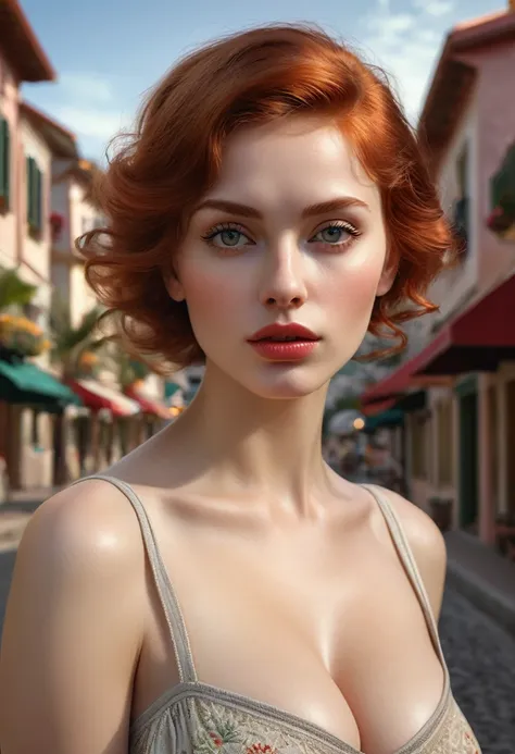 Woman on a quiet street in a resort town, with extremely detailed eyes, beautiful lips, Long eyelashes, and perfect anatomy. Her delicate body and arms are meticulously detailed.., With realistic, Photorealistic, and better rendering quality. Lighting in t...