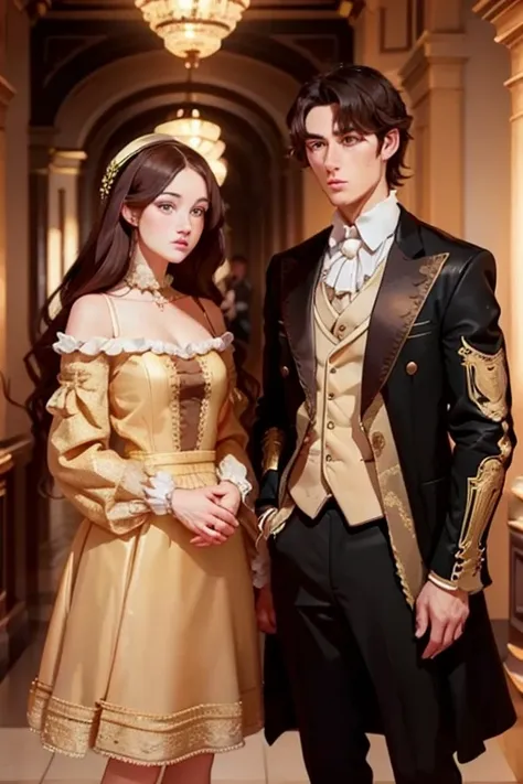 a woman wtih brown hair, sweet and a man with black hair, eyes gold, serious renaissance era, elegant clothes