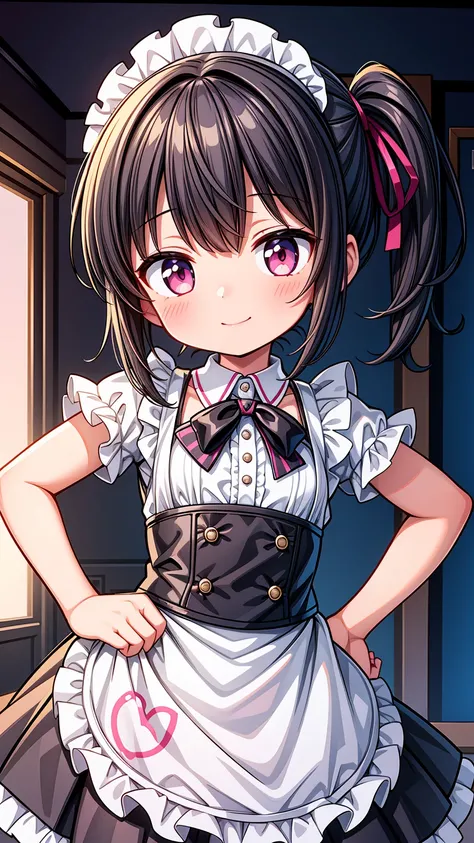 (Highest image quality), (highest quality), (masterpiece), (dynamic lighting), (photo realism), maid uniform, detailed face, ((loli)), ((girl)), (little curve), short black hair, one side ponytail hairstyle, pink eyes, ((very small bust)), (apron), smile, ...