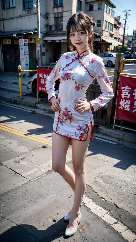 (8K、RAW Photos、Highest quality、masterpiece:1.2)、(Realistic、Realistic)、1 Girl、((Long cheongsam:1.2、Thin legs、whole body、View from the front、smile、Looking into the camera、Stand with hands on hips))、cute、((The background is slums))、Accurate Fingers