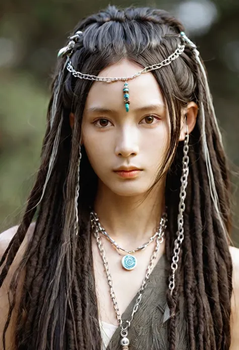 Close-up portrait photography, Beautiful Japanese woman with very long black dreadlocks and loose hair, Long and beautiful、Slim and、Elegant and confident、A face with fine wrinkles, Beautiful big brown eyes, Elegant and thin silver face chain accessory, Fan...