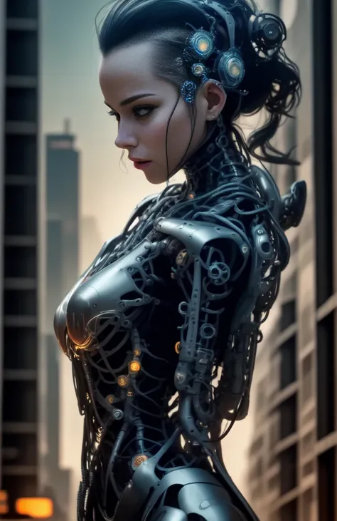 The intimate relationship of a male cyborg and a female cyborg in a skyscraper office in a big city, best quality, absurdres, masterpiece, beautiful, intricate details, 1/2 body crop, slim body, beautiful figure, magnificent anatomy, (intricate details:1.1...