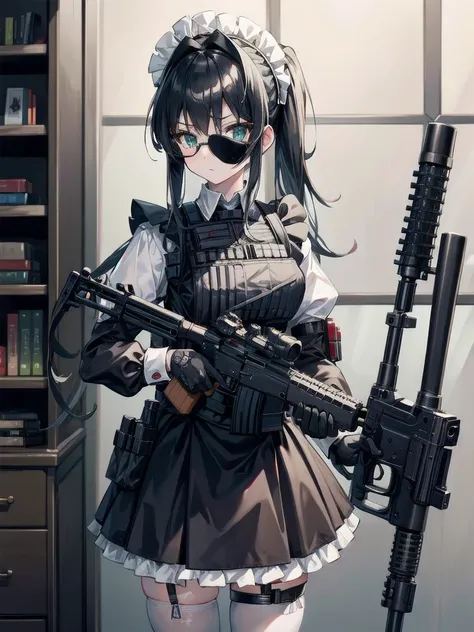 4k,masterpiece,victorian maid,tactical gear, standing,wearing tactical vest,tactical vest,high cut military helmet, night vision googles,holding H&K hk416, Maid,Anime,Anime girl