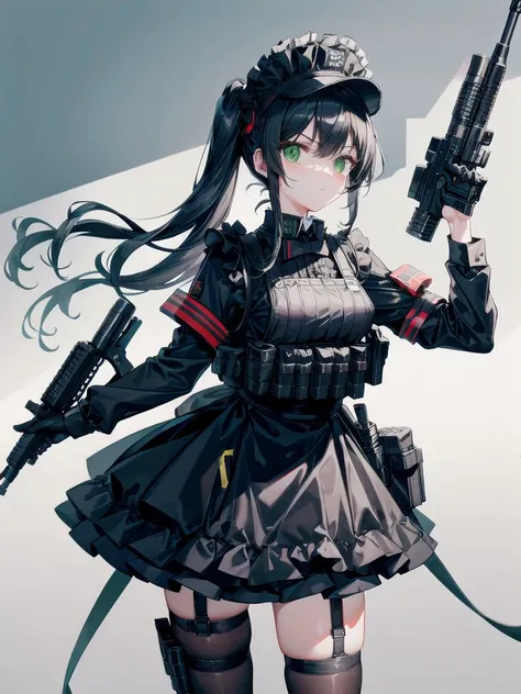 4k,masterpiece,victorian maid,tactical gear, standing,wearing tactical vest,tactical vest,high cut military helmet, night vision googles,holding H&K hk416, Maid,Anime,Anime girl