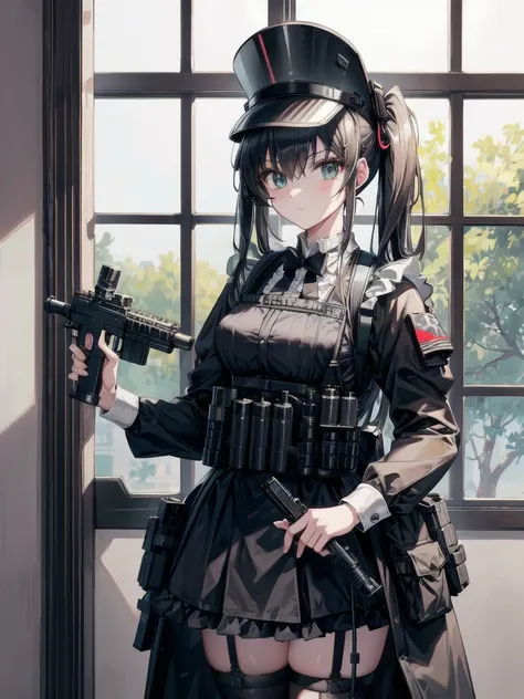 4k,masterpiece,victorian maid,tactical gear, standing,wearing tactical vest,tactical vest,high cut military helmet, night vision googles,holding H&K hk416, Maid,Anime,Anime girl