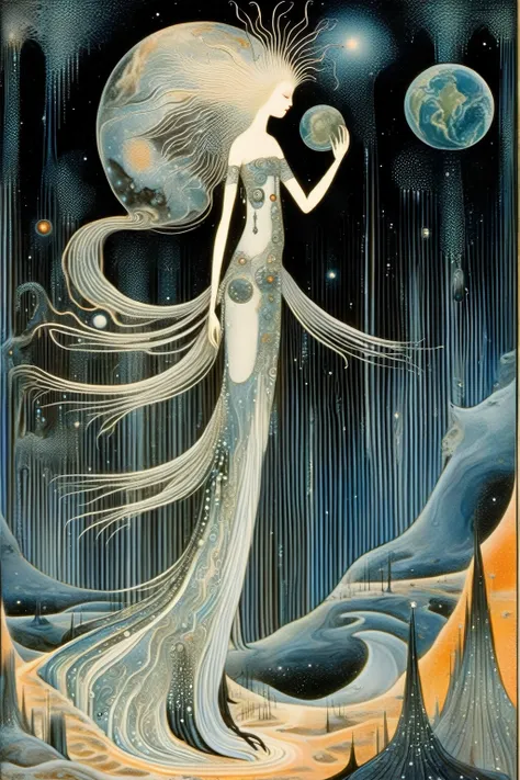 kay nielsen style - kay nielsen style. universe. the earth is about to collapse. the goddess dances while looking down at it..