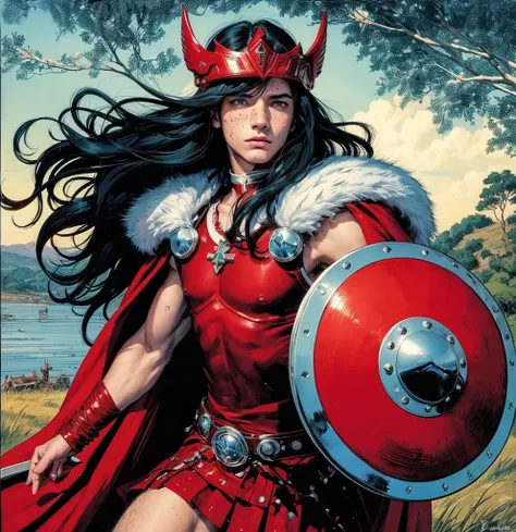 American comic book art: very young man delicate ethereal, very straight dark bluish-black hair long, very young face boy, red diadem helmet on his forehead, delicate tight red and white Sif outft tiny skirt, red shoulder pads, white fur collars, very beau...