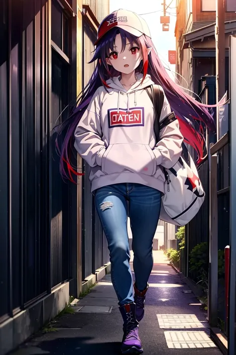 yuukikonno, Konno Yuuki,  Long Hair, Pointed Ears, Purple Hair, (Red eyes:1.5), (Small breasts:1.2), Open your mouth,Baseball hats,Oversized purple hoodie,jeans,Thick hem,short boots,Walking,Graffiti wall,Daytime,Clear skies,Both hands are in the pockets o...