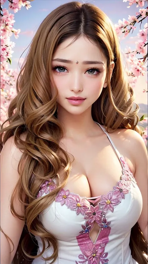 beauty, mystical eyes、big 、super sexy、pale skin、shiny hair、super long hair、loose and fluffy perm、close to blonde、are fat、fat、smi...