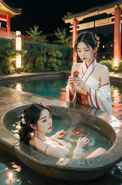 (((best quality))),(((ultra detailed))),(((masterpiece))),illustration,1girl,traditional Chinese dress,courtyard,surrounded by crowded crowds of old men,outdoor hot spring,delicate fabric,traditional hair style,innocent curiosity,vibrant red pillars,beams,...