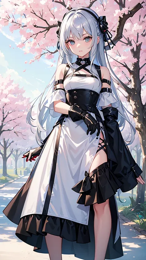 That the girl has silver hair and that she has a futuristic style in her clothes with a background of a square with cherry trees 