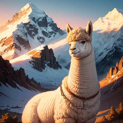 Alpaca smiling in the foreground with a sunrise in the background and mountains illustrated in vector drawing