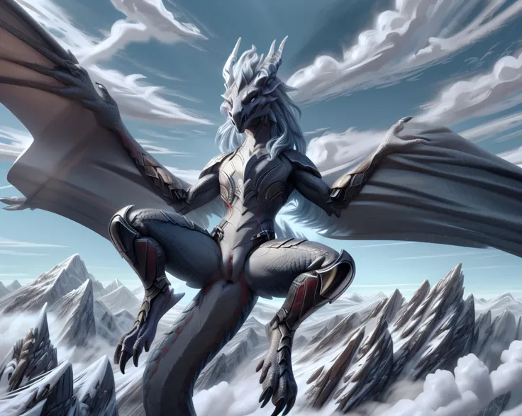 an extremely talented impressionist painting of mature aurothdota wyvern flying in mountains, flying over clouds, hung in the ai...