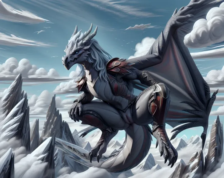 an extremely talented impressionist painting of mature aurothdota wyvern flying in mountains, flying over clouds, hung in the ai...