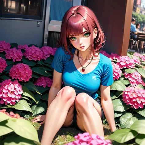 a beautiful latina woman with long chestnut hair, medium breasts, green colored eyes, wearing a blue shirt and hot pants, a red necklace, gazing at the viewer, in a colorful hydrangea park, 4k, city scenario, natta, best quality,4k,8k,highres,masterpiece:1...