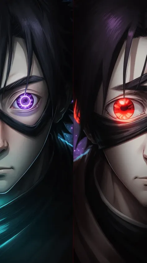 bioluminescent Masashi Kishimoto Manga style portrait of obito uchiha with sharingan and Rinningan, 1 eye red sharingan, other eye purple Rinningan, exquisite detail especially in the eyes.