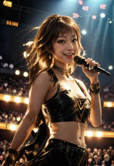 “A large concert hall stage with Kumi Koda smiling and singing during a live performance. She is captivating the audience with her sexy outfit and energetic presence.”
