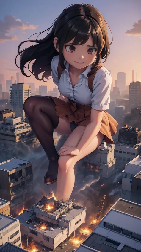 （Giantess Elements、High resolution、High resolution、high quality、accurate body structure、Detailed body）Aerial view、Looking down on a woman from above、Towering Giant Girl, 50,000 feet high、Giants attack the city、Cute Woman、Destroy a small town淫乱な女性、Destroy a...