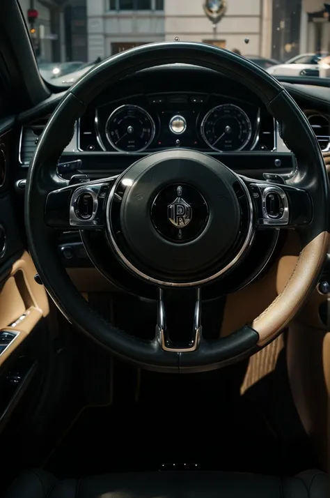 a man sitting in a rolls royce car, detailed steering wheel with double R emblem, high quality photo, realistic, sharp focus, cinematic lighting, luxury interior, expensive car, elegant, chic, opulent, wealthy, exclusive, sophisticated, elegant man, fashio...